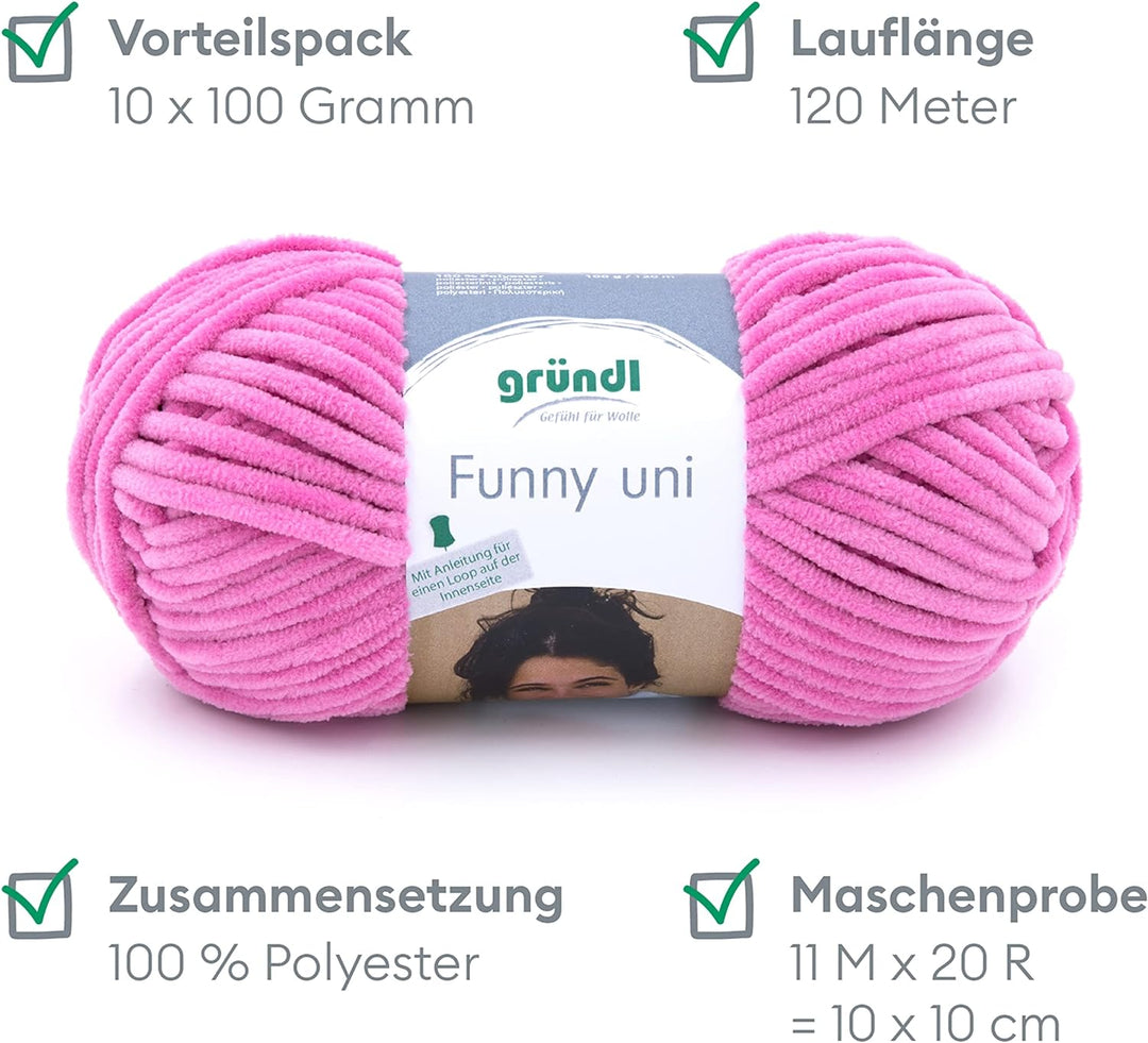 Gründl Funny uni Strick- & Häkelgarn (samtartiges Chenille-Garn aus 100 % Polyester, 10 x 100 g / 12