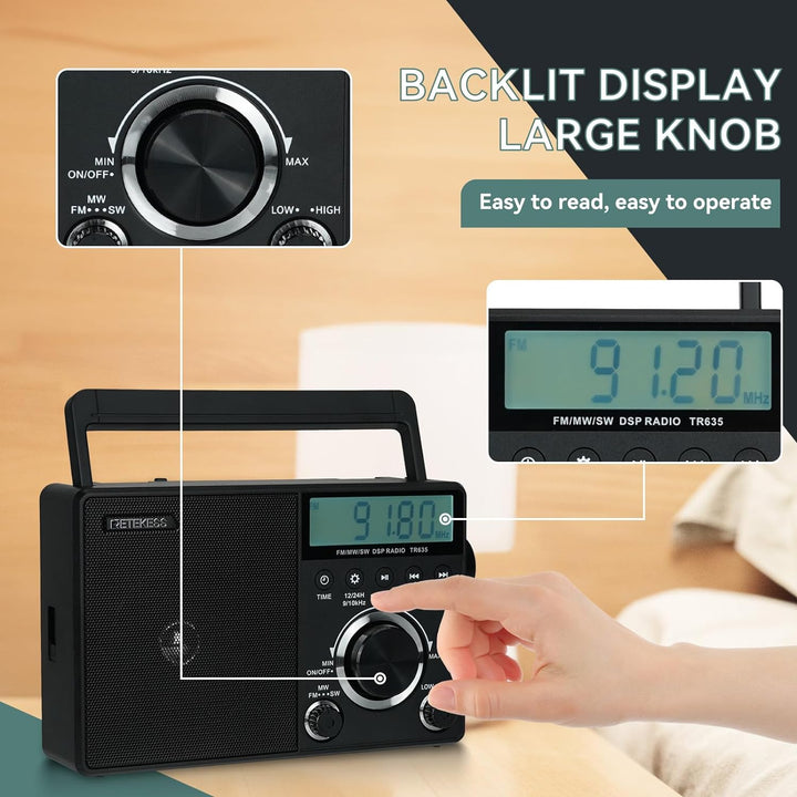 Retekess TR635 Tragbares Radio,FM/AM/SW Mains and Battery Operated World Receiver Radio,Headphone Co