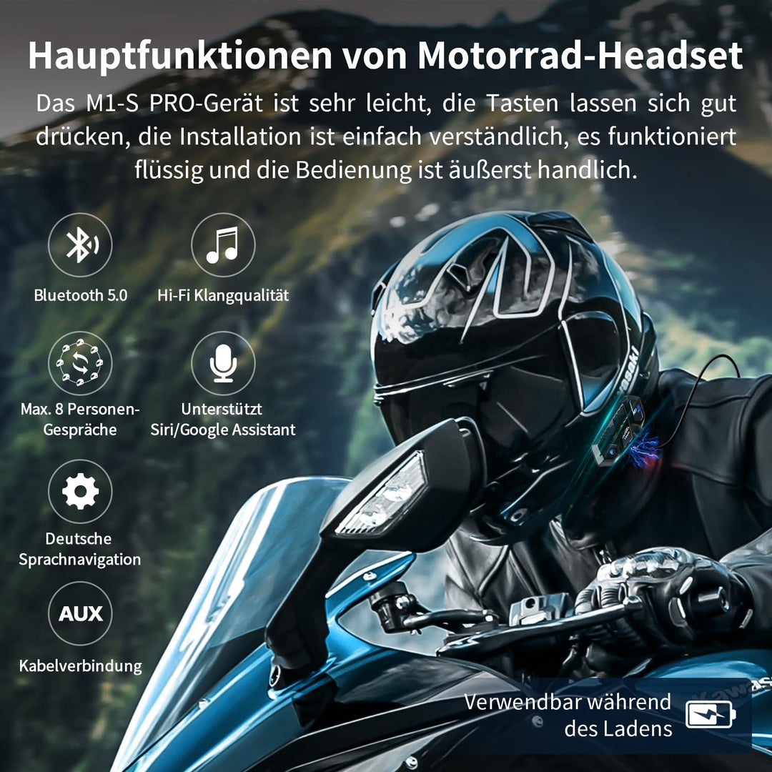 Fodsports M1S PRO Motorrad Headset mit Musikteilen, 8 Motorräder 2000m Helm Intercom, Motorradhelm K