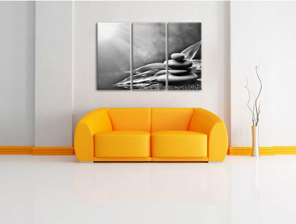 Pixxprint Zen Steine mit Blättern als Leinwandbild/Grösse: 3 Teilig (120x80) cm/Wandbild/Kunstdruck/
