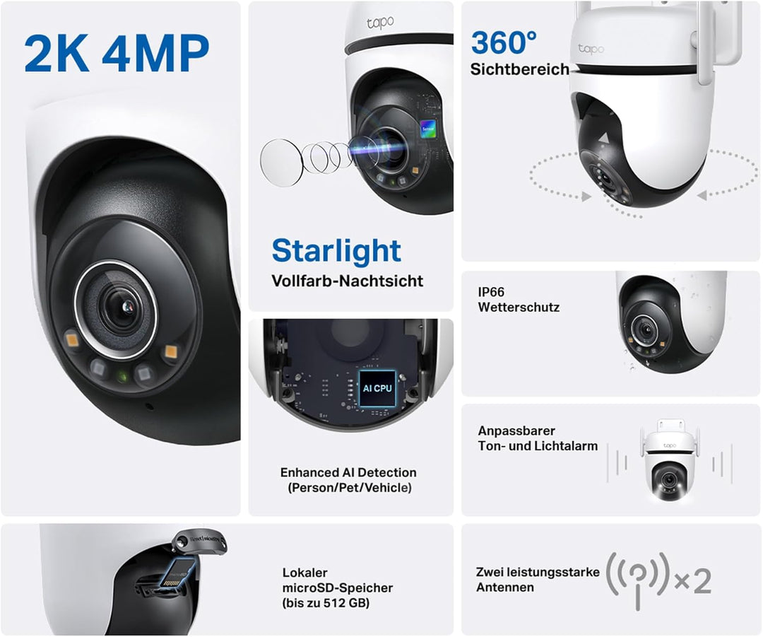 TP-Link Tapo C520WS Überwachungskamera Aussen, Starlight Farbe Nachtsicht,360° Kamera , 2K 4MP, 2 le