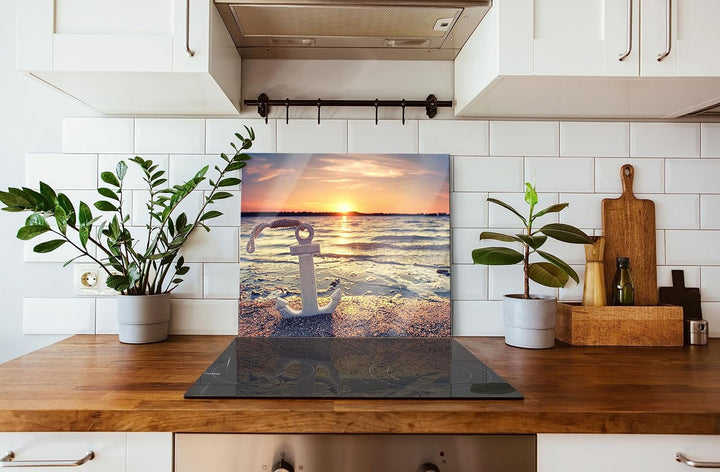 Anker am Ostseestrand im Sonnenuntergang Herdabdeckplatte & Spritzschutz aus Echtglas | Für Herd-Koc