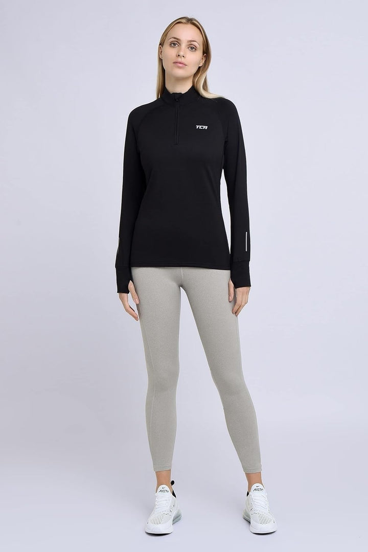 TCA Damen Winter Running Langarm Laufshirt mit Brustreissverschluss S Schwarz, S Schwarz