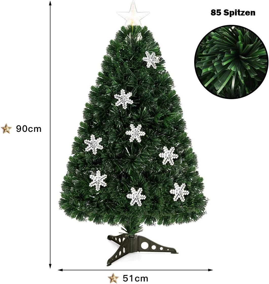 COSTWAY 90cm LED Künstlicher Weihnachtsbaum mit Glasfaser-Farbwechsler und Sternspitze, Mini Tannenb