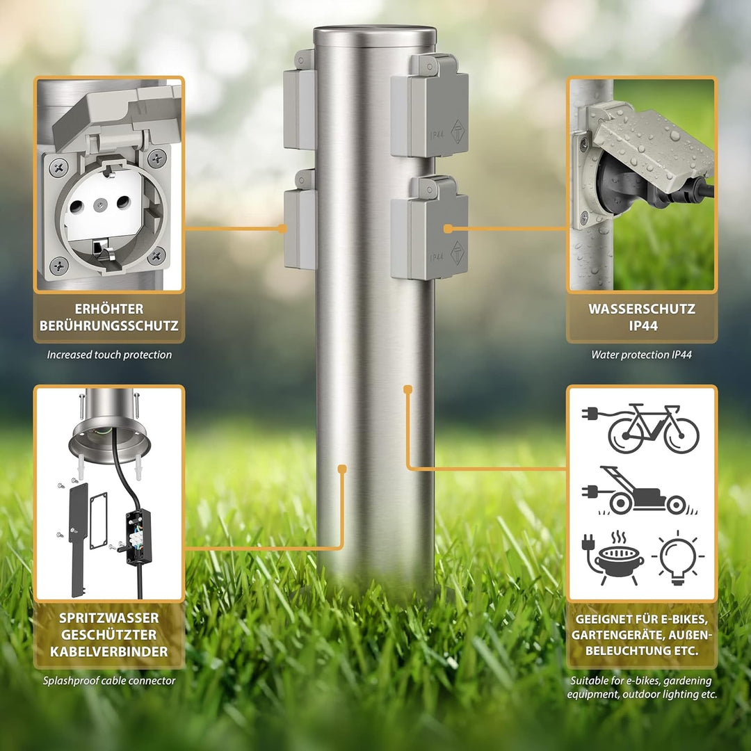 ledscom.de Garten-Steckdosen-Säule PORU mit Erdspiess und 2m Kabel für aussen, 4-Fach, Edelstahl, ru