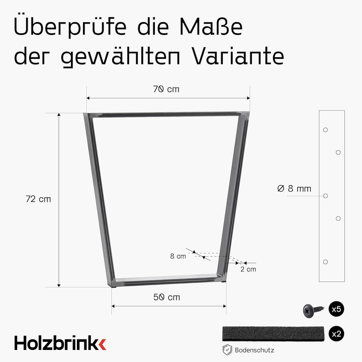 HOLZBRINK Tischbeine Trapez für Esstisch/Schreibtisch, 70/50x72cm, Rohstahl mit Klarlack, 1 Stück, H
