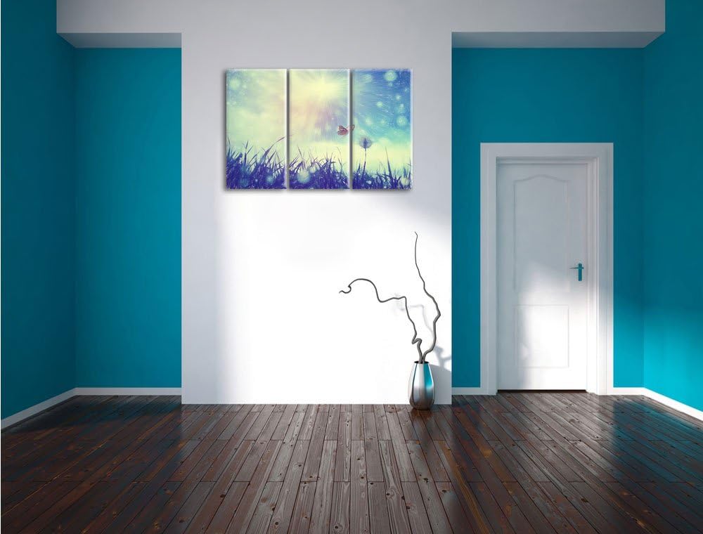 Pixxprint zarter Schmetterling fliegt zu Pusteblume Kunst Buntstift Effekt 3-Teiler Leinwandbild 120