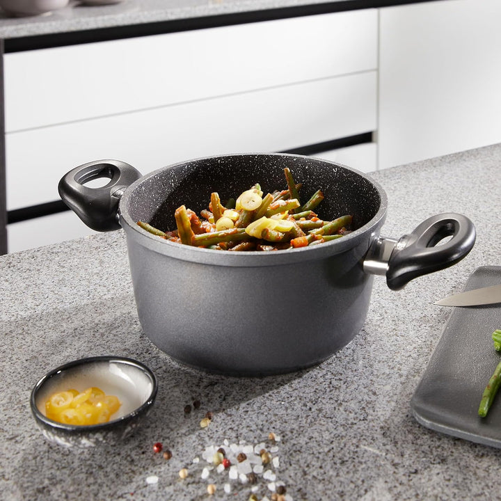 Stoneline Kochtopf 16 cm, mit Deckel, Induktion, Aluguss, beschichtet mit echten Steinpartikeln, gra