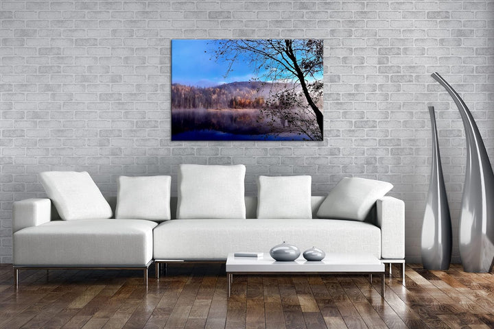 deyoli schöne Herbstlandschaft am See im Format: 80x60 als Leinwandbild, Motiv fertig gerahmt auf Ec