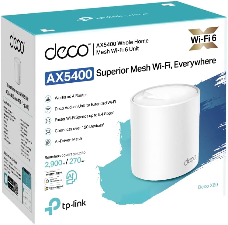 TP-Link Deco X60 Mesh WLAN Set (3 Pack), Wi-Fi 6 AX5400 Dual Band Router & Repeater, 2x Gigabit Port