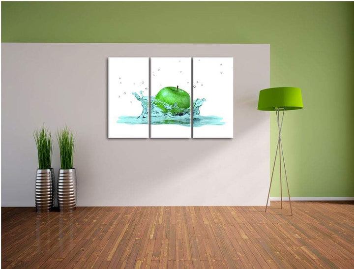 green Apple, Grüner Apfel fällt in Wasser schwarz/weiss 3-Teiler Leinwandbild 120x80 Bild auf Leinwa