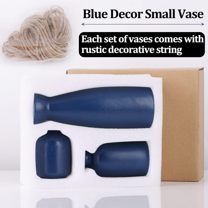Blaues Keramikvasen-Set – 3 marineblaue Vasen, landhausblaue Vasen als Heimdekoration, Wohnzimmerdek