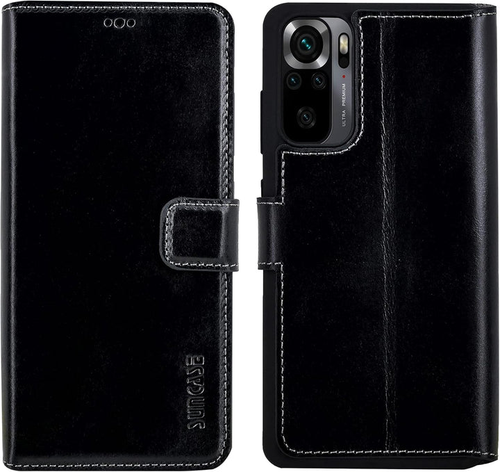 Suncase Book-Style Hülle kompatibel mit Xiaomi Redmi Note 10 Leder Tasche (Slim-Fit) Lederhülle Hand