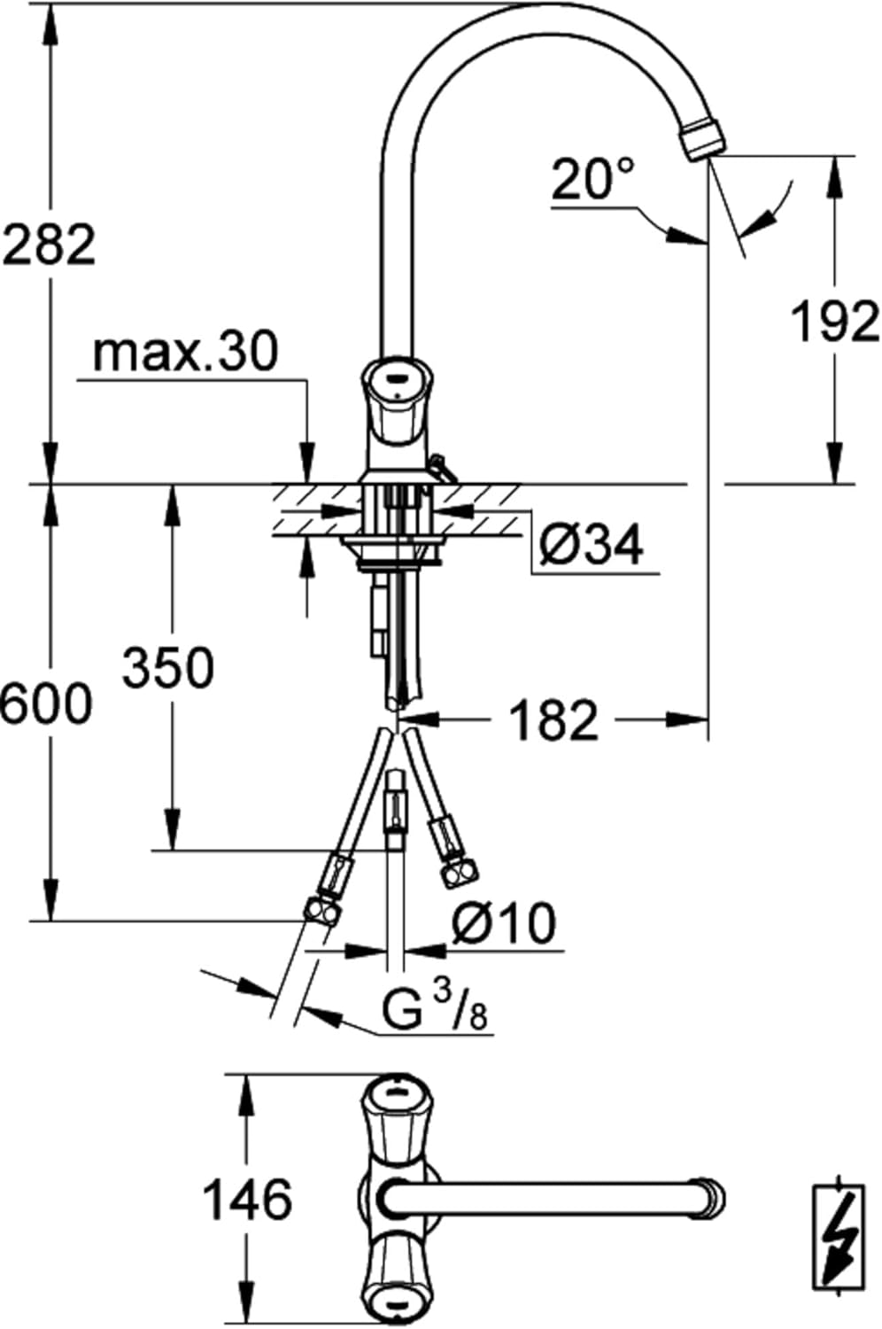 Grohe Costa Spültisch-Einlochbatterie, Niederdruck für offene Warmwasserbereiter, Chrom, 31930001, S