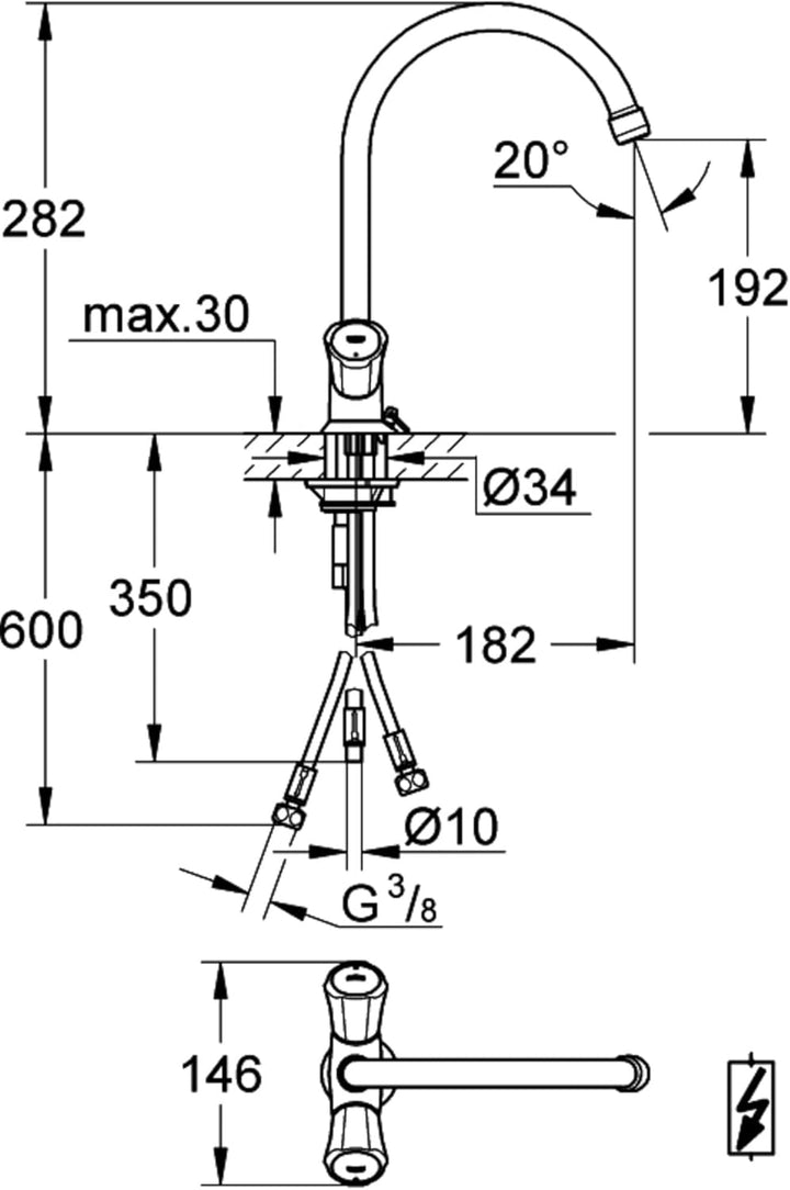 Grohe Costa Spültisch-Einlochbatterie, Niederdruck für offene Warmwasserbereiter, Chrom, 31930001, S