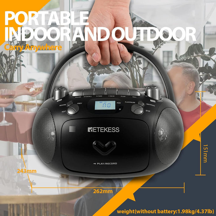 Retekess TR630 CD Player mit Kassette, Radio Batteriebetrieben, Kassettenrecorder, mit Fernbedienung