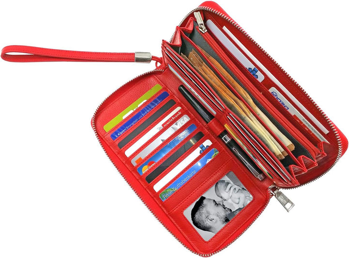 Damen Portemonnaie Leder rot, gross, lang, RFID Schutz, Münzfach, viele Fächer Handyfach - Clutch Ge