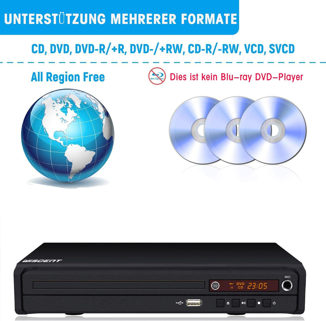 WISCENT DVD-Player für TV mit HDMI/AV/Koaxial Ausgang(HDMI Kabel enthaltenl),USB 2.0 Mediaplayer,All
