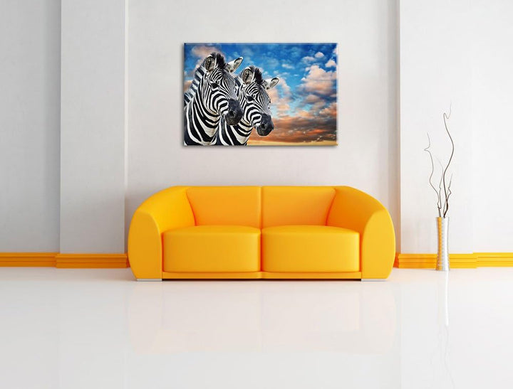 Pixxprint Zebra Pärchen Format: 100x70 auf Leinwand, XXL riesige Bilder fertig gerahmt mit Keilrahme