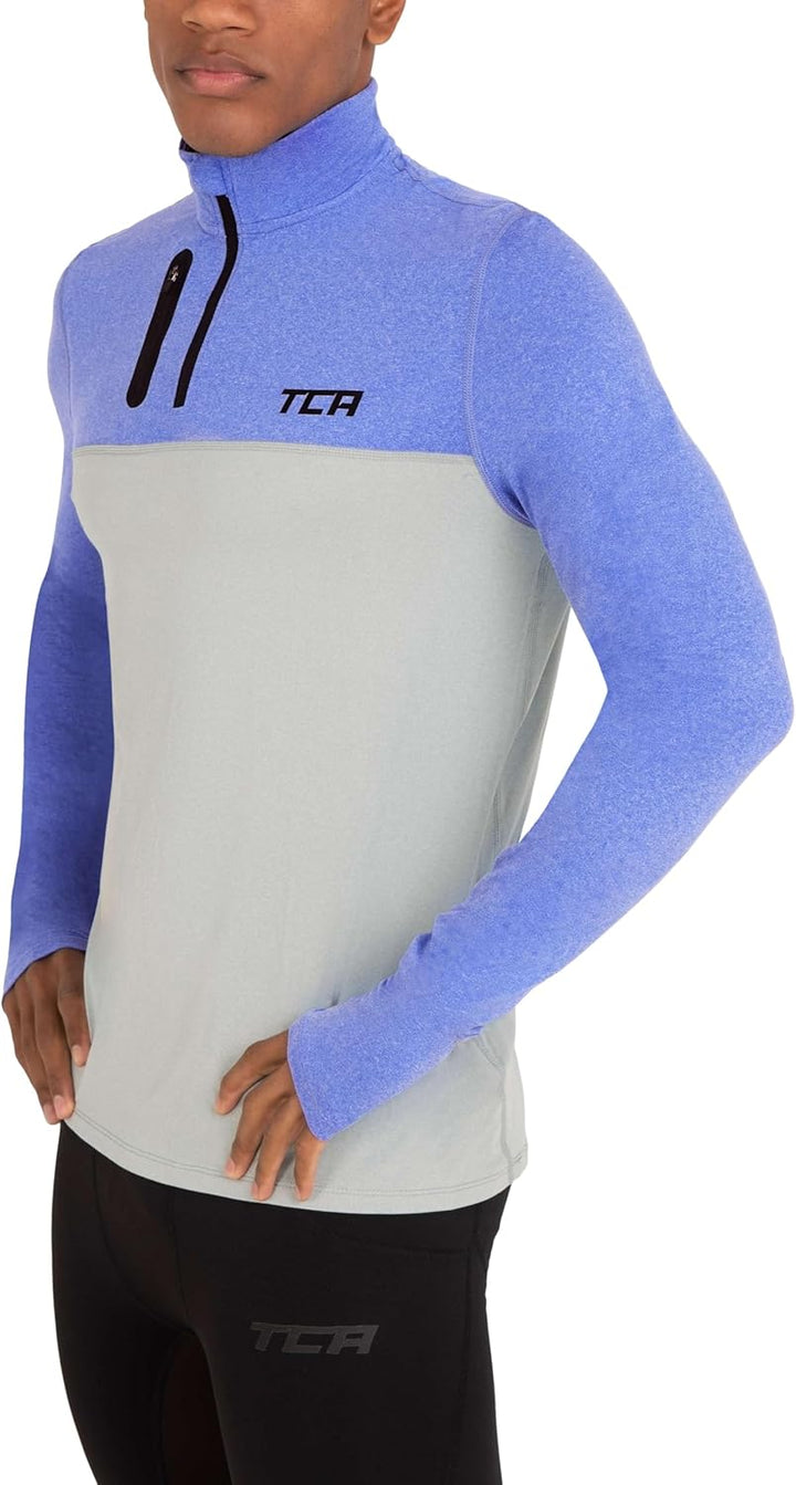 TCA Herren Fusion Pro Quickdry Langarm Lauf Shirt mit Halbem Reissverschluss Blau/Grau S, Blau/Grau