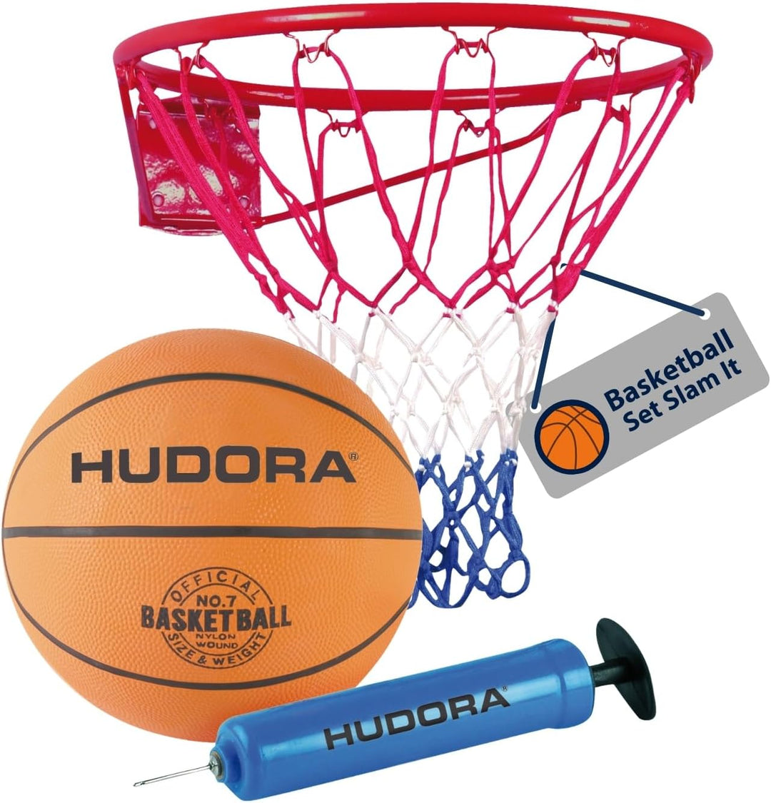HUDORA Basketball-Set Slam It - Basketballset mit Korb, Basketball Grösse 7 & Handpumpe - robuster B