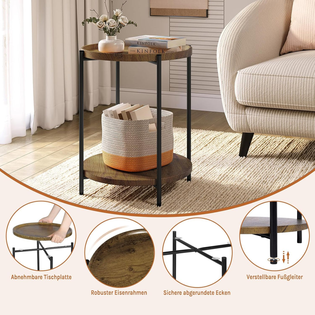 WOLTU Couchtisch rund, Beistelltisch mit 2 Ablagen, Wohnzimmertisch mit Abnehmbarer Tischplatte, Nac