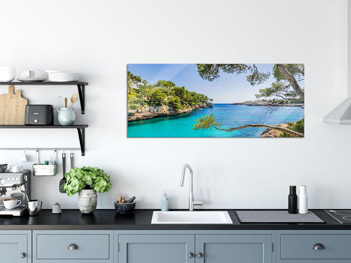 Glasbild Panorama | Wandbild aus Echtglas | Mallorca Bay Cove | 100x40 cm | inkl. Aufhängung und Abs