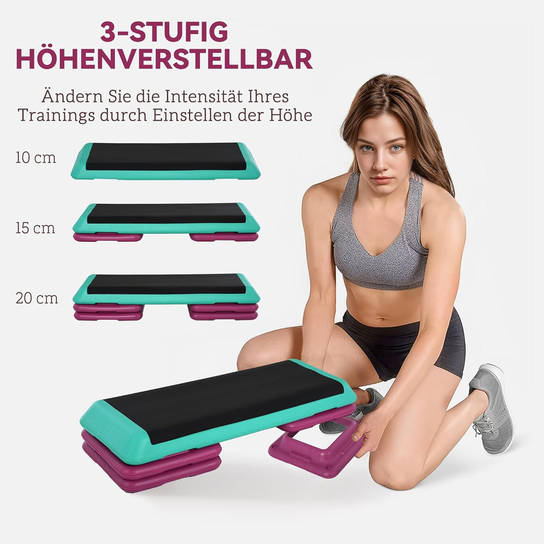 HOMCOM Steppbrett Aerobic Fitness Heimtrainer Stepper höhenverstellbar 10cm/15cm/20cm PVC PP Schwarz