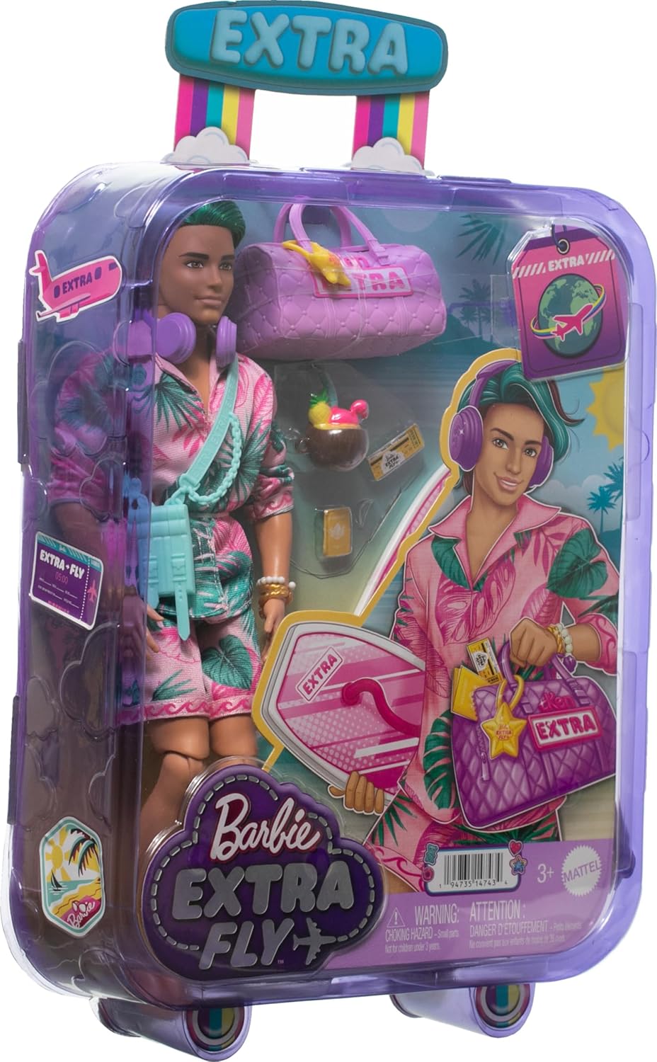 Barbie Extra Fly - Ken Reisepuppe mit tropischem Outfit, Boogie Board, Seesack und Zubehör für kreat