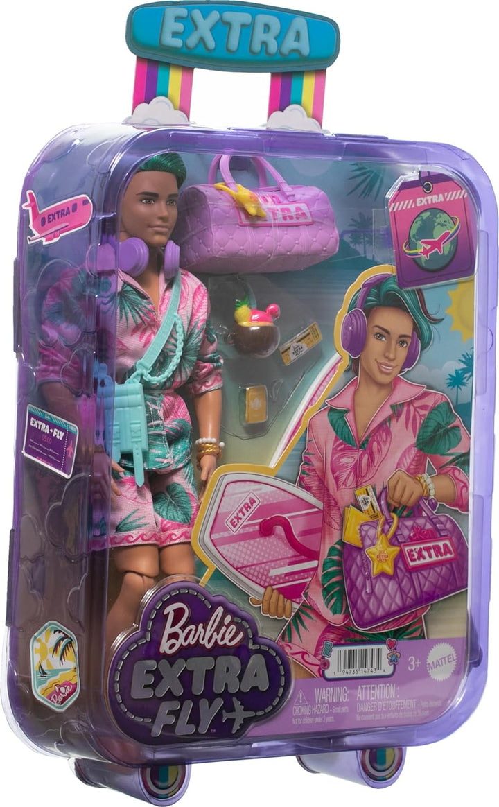 Barbie Extra Fly - Ken Reisepuppe mit tropischem Outfit, Boogie Board, Seesack und Zubehör für kreat