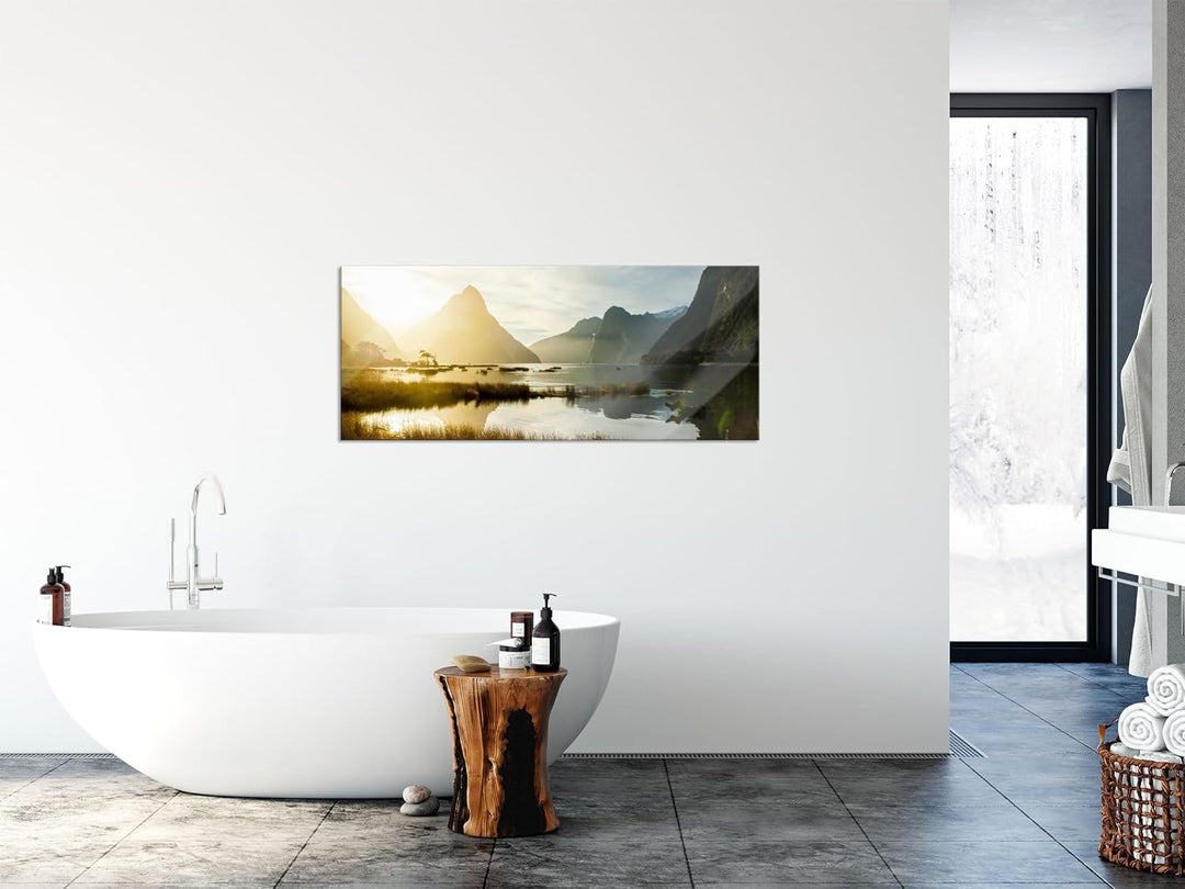 Glasbild Panorama | Wandbild aus Echtglas | Milford Sound Neuseeland | 100x40 cm | inkl. Aufhängung