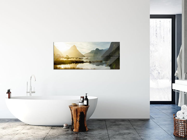 Glasbild Panorama | Wandbild aus Echtglas | Milford Sound Neuseeland | 100x40 cm | inkl. Aufhängung