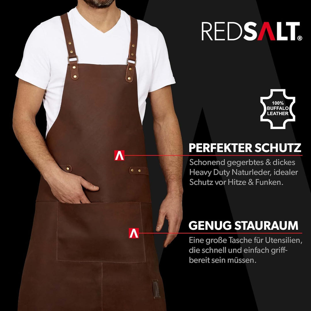 REDSALT® Premium Lederschürze 100% Büffel Leder 84x62cm Crossback braun | Profi BBQ Grillschürze | A