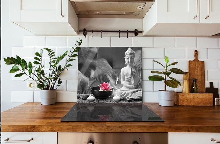 Buddha mit Seerose Herdabdeckplatte & Spritzschutz aus Echtglas | Für Herd-Kochfelder | 60x52 cm