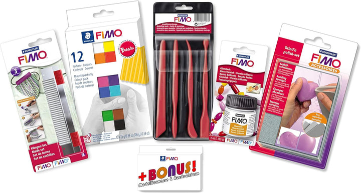 Staedtler FIMO Profi Bastelset mit 12er Materialpackung, Cutter, Werkzeuge, Glanzlack und Schleifsch