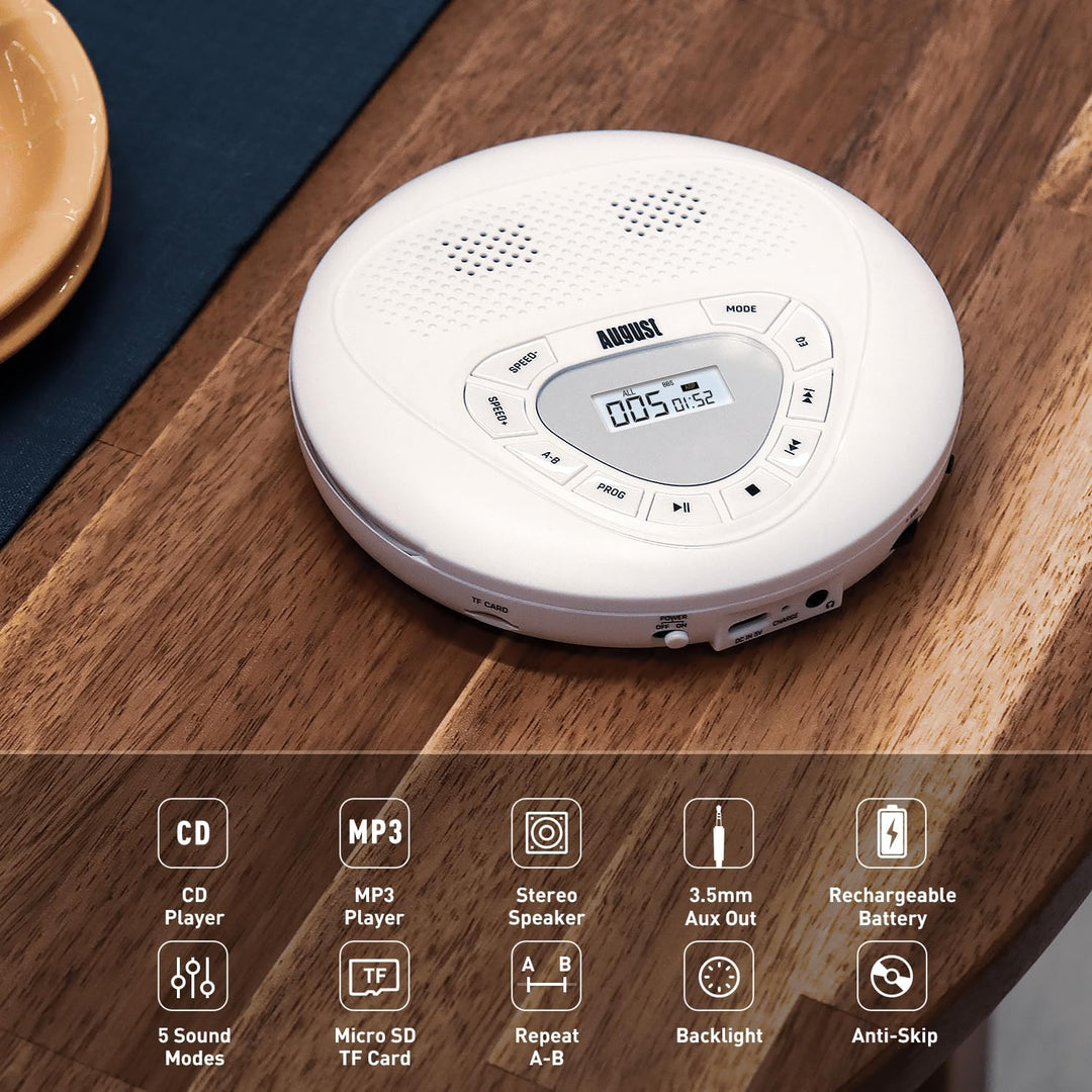 Wiederaufladbarer tragbarer CD Player mit Kopfhörer -August SE10- Walkman USB-C mit Lautsprecher Übe