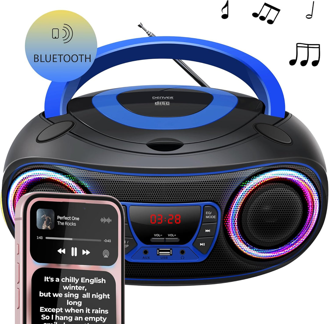 Denver TCL212BT Radio mit Bluetooth, Bluetooth Radio mit Lichteffekte, Tragbarer CD player, AUX, USB