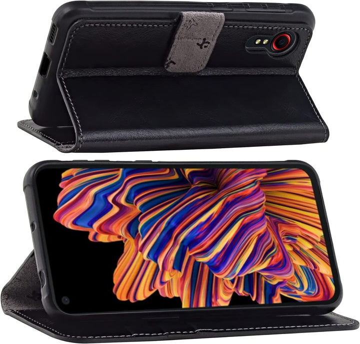 Suncase Book-Style Hülle kompatibel mit Samsung Galaxy Xcover 5 Leder Tasche (Slim-Fit) Lederhülle H