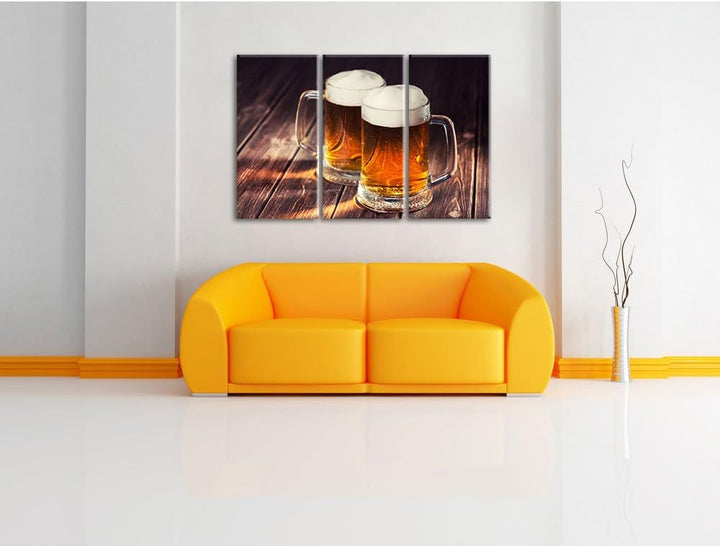 Pixxprint Zwei Masskrüge Bier 3-Teiler Leinwandbild 120x80 Bild auf Leinwand