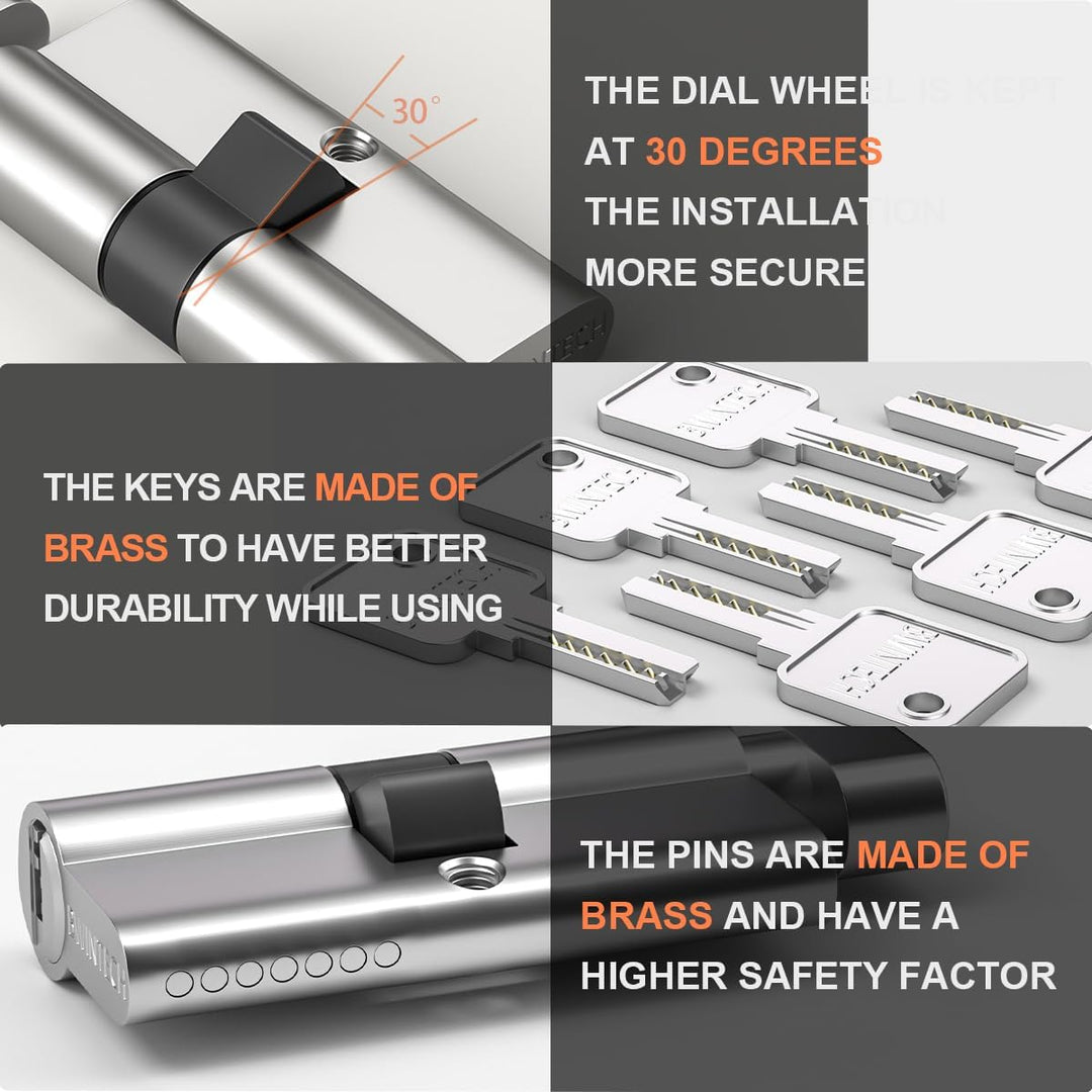 Bwintech 1 Stück 35T/35mm Euro Messingzylinder, 70mm Knauf/Schlüssel zylinderschloss mit 5 horizonta