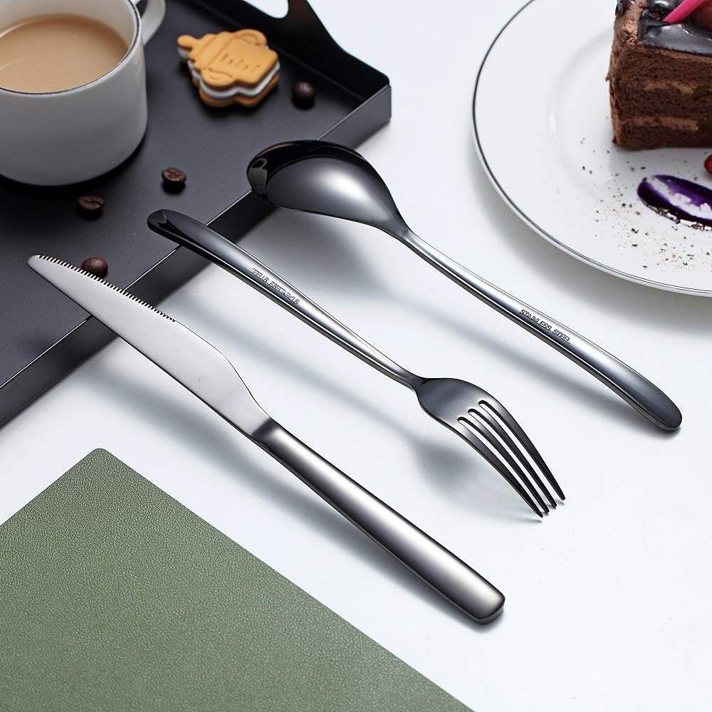HOMQUEN Schwarzes Besteck Set 24 Stück, Schwarzes Besteckset aus Edelstahl, Schwarze Titanbeschichtu