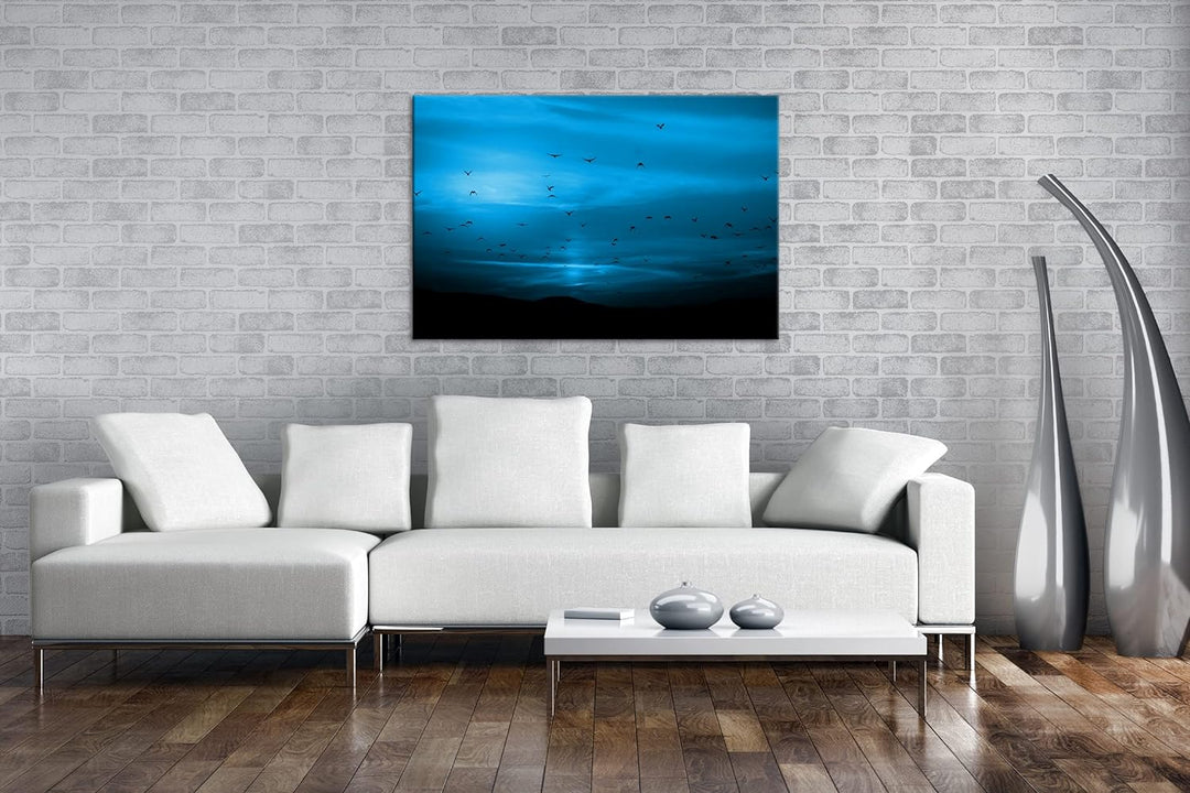 deyoli Vögel fliegen in den Sonnenuntergang Format 80x60 Effekt: Monocrome Blau als Leinwandbild, Mo
