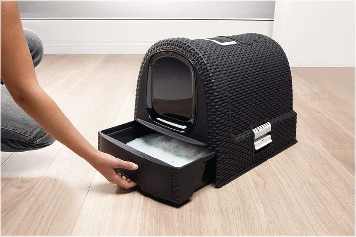 Curver 2068961 petlife Katzentoilette mit Deckel, Katzenklo inklusive Schaufel, moderne Rattangeflec