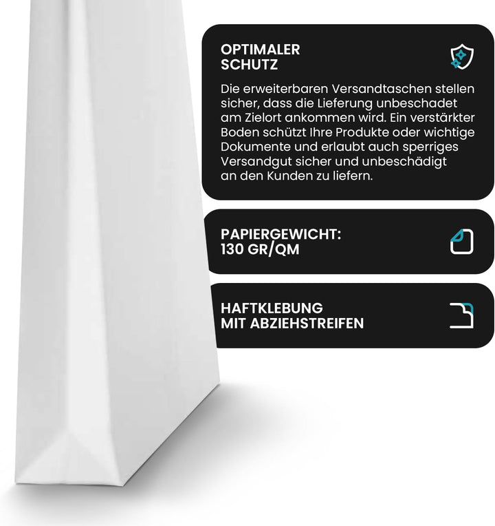 Netuno 50 x weisse Faltentaschen DIN B4 250× 353 mm 130g Kapazität-Versandtaschen ohne Fenster Falte