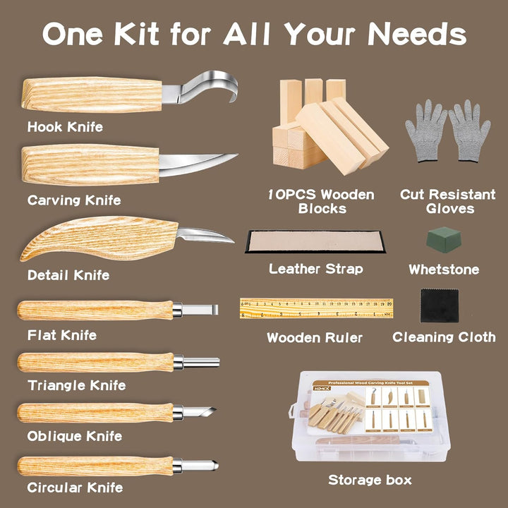 HOMCA Holz Schnitzwerkzeug Set, 23 in 1 Schnitzset mit 7 Schnitzmesser fĂŒr Kinder&Erwachsene, Holzwe