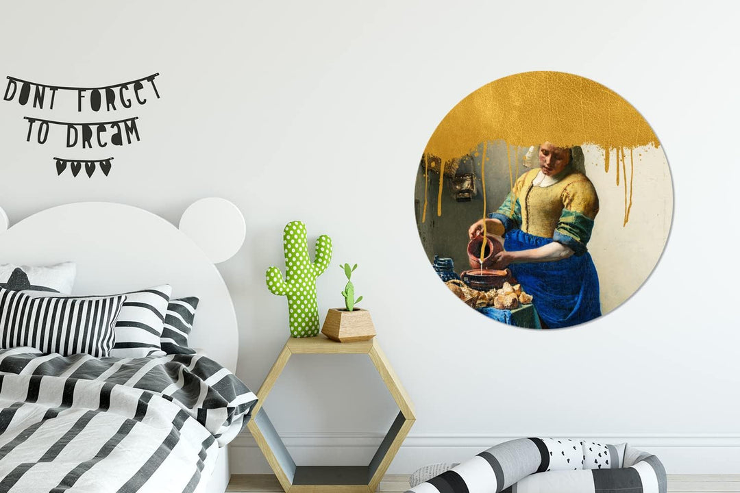 MuchoWow Wandbild Rund Wanddeko Deko Wohnzimmer Bilder 90x90 cm Milchmädchen - Gold - Vermeer, 90x90