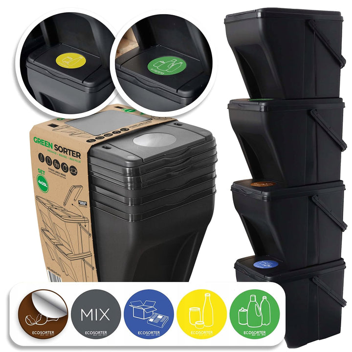 OliveBird Mülleimer 4 Fächer Mülltrennsystem 100L - 4x25L Green Sorter Mülltrenner 5 Aufkleber Farbe
