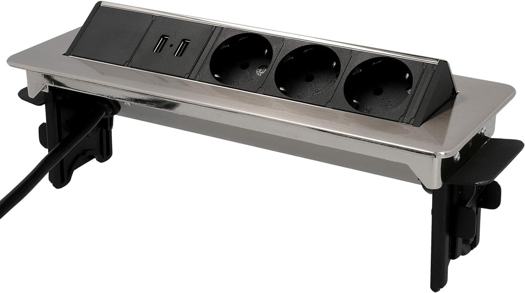 Unitec Versenkbare Steckdosenleiste horizontal | 2 USB Ladebuchsen | 3 Steckdosen | beiliegende Halt