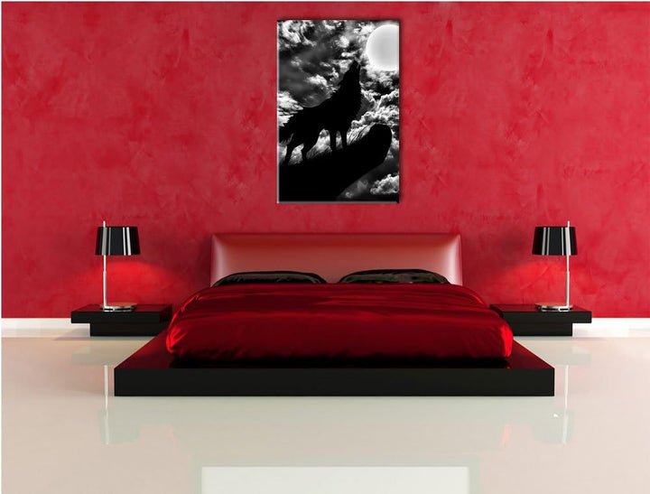 Pixxprint Wolf im Mondschein als Leinwandbild | Grösse: 100x70 cm | Wandbild | Kunstdruck | fertig b