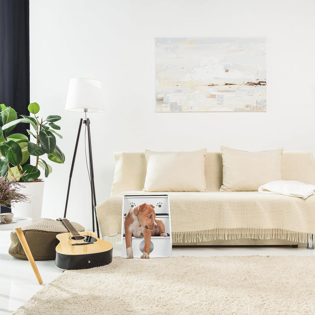 Relaxdays Hundetreppe 3 Stufen, Hunde & Katzen, HBT 52,5x42x60 cm, Haustiertreppe Teppich, Bett & Co